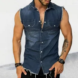 Herr T-shirts Denim T-shirt Herr Lapel Ärmlös kofta Skjorta Muscle Fashion Toppar Streetwear Large Size Camisetas