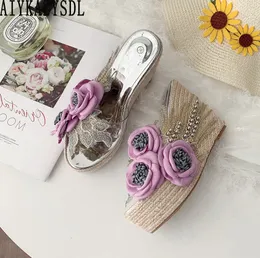 Sandals AIYKAZYSDL Boho Bohemia Sandals Floral Flower Sandals Straw Cane Hemp Rope Slippers Beach Summer Shoes String Bead Mule Slides 230710