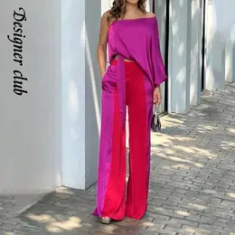 Pullover Elegante set di due pezzi da donna irregolare Chic monospalla Solid Lace Up Top Colorblock Pantaloni larghi Set Primavera femminile Streetwear