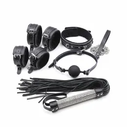 Bondage 5pcs Bdsm Bondage Set Slave Collar Bdsm Leather Sex Handcuffs Sexy Anklecuffs Whip Open Mouth Gag Ball Sex Toy Kit for Woman 230710