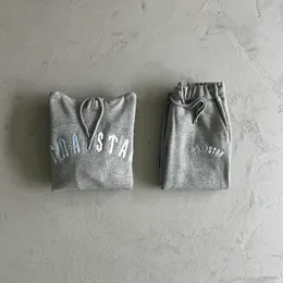 Herrspårspår Trapstar Tracksuits Irongate Chenille Arched Hooded Tracksuit - Grå/Blue/White Stitching broderad brevdräkt Joggingkläder