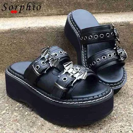 Hausschuhe Sorphio Sommer 2023 Doppelriemen Schnallen Plateau Wedges Fashion Got Hot Damen Metall Sandale für bequeme schwarze Schuhe T230711