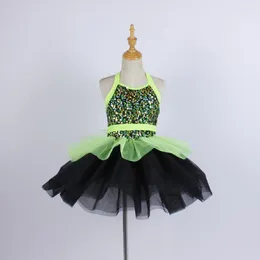 ステージ摩耗女性ガールグリーン光沢のあるスパンコールダンスレオタードバレエチュチュドレスユニタード素敵なメッシュパフォーマンス衣装