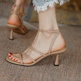 Сандалии Meotina Женская обувь квадратная лодыжка с тонкими высокими каблуками пряжка N Band Ladies обувь Летняя бежевая 40 230711