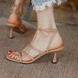 Sandals Meotina Women Shoes Square Ankle Strap Thin High Heels Buckle N Band Ladies Footwear Summer Beige 40 230711