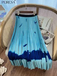 Skirts PEIRESA Miyake Vintage Ink Print Pleated Skrits For Woman 2023 Summer Korean Fashoin High Waist A Line Midi Skirt Female