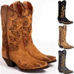 Ботинки женская вышитая бабочка для ботинки Butterfly Butterfly Western Boots Женские ретро коленные сапоги