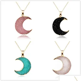 Pendant Necklaces Simple Moon Druzy Drusy Necklace Women Resin Handmade Clavicel Chains For Female Christmas Imitation Natural Stone Dhofr