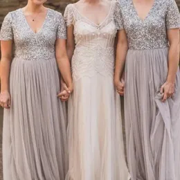 Silver Sequins Bridesmaid Dresses Short Sleeves Floor Length V Neck Tulle Beach Plus Size Wedding Guest Gowns Custom Made Formal Evening Wear