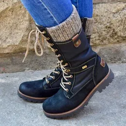 Boots Winter Women Mid-Calf Boots Round Toe Low Heel Non-Slip Boots Knitted Patchwork Side Zipper Lace-Up Female Motorcycle Boot Botas L230711