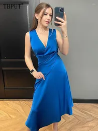 Casual Kleider Elegante Feste Ärmellose Fleck Kleid Frauen Sexy Tiefem V-ausschnitt Hohe Taille Roben Vestidos 2023 Frühling Party Abend