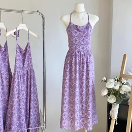 Vestidos Casuais Lauri Laki Estampado Roxo Moda Sexy Sem Costas Renda Midi Sem Manga Clube Festa Festa de Verão Vestido de Verão Alça Espaguete 2023