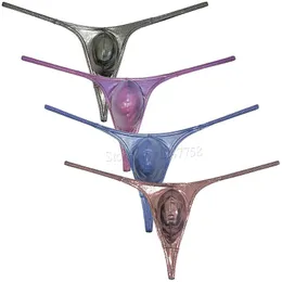 Majtki typu figi męskie mikro stringi etui String bielizna błyszczące metalowe bikini Tanga kąpielówki t-back Jockstraps na seks 230710