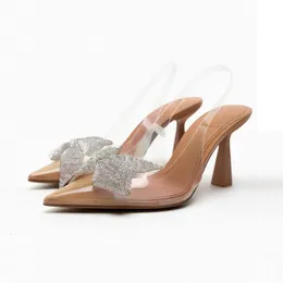 Sandal s Pointed Slingback Transparent High heel Fashion Summer Za 2023 Crystal Diamond Bow Decorate High Heel Pumps PVC 230710