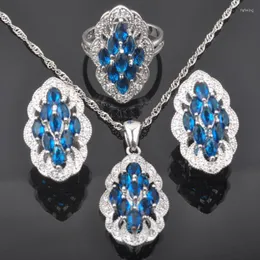 Necklace Earrings Set FAHOYO Unique Blue Zirconia Women's Silver Color Earrings/Pendant/Necklace/Rings QZ0505