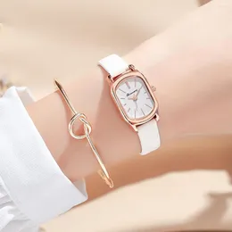 Relógios de pulso 2 pçs conjunto de relógios moda casual relógios femininos pulseira de couro oval mostrador pequeno feminino quartzo relógio feminino presente
