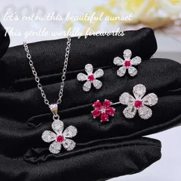 Necklace Earrings Set Foydjew 2023 Summer Luxury Cherry Blossom Zircon Necklaces Flower Rings Jewelry For Daily Wear