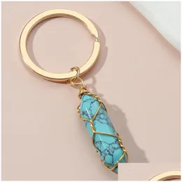 Key Rings New Design Keychain Colorf Natural Stone Turquoise Chains Wire Wrap Ring For Women Men Handbag Accessorie Handmade Jewelry Dhfsv