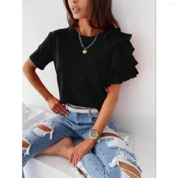 Women's Blouses Womens Blouse Soild Color Fashion Round Neck Falbala Short Sleeves Harajuku Casual Loose Basic Femme Tops Blusas Mujer