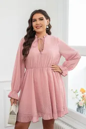 Plus Size Kleider Mode kurzes Kleid Frauen Kleidung elegante rosa Langarm Spitze Chiffon Party lässig große Frau