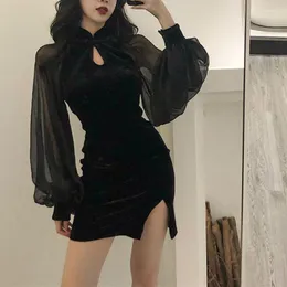 Sıradan elbiseler goth elbise veet cheongsam aksesuarları cadılar bayramı sıkı örgü bölünmüş vücut kışa haruku seksi yüksek bel pileli