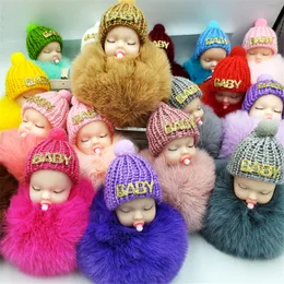 Keychains Lanyards 10pcs Lot Fake Rabbit Fur Ball Sleeping Doll Keychain Pompom Car Keyring Baby Key Chain Women Holder Bag Pendant Jewelry 230710