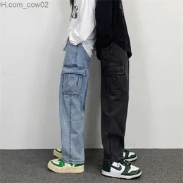 Herrenjeans FOJAGANTO Herrenjeans Japanische Vintage-Waschung Gerade Jeans mit weitem Bein Lose Taschenpaar Hip Hop Street Jeans Herren Z230713