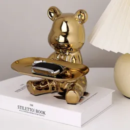 Decorative Objects Figurines Exquisite Ceramic Bear Sculpture Ornaments With Metal Tray Entrance Key Candy Storage Piggy Bank for Home Decor 230710