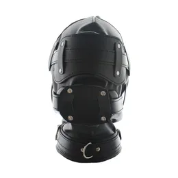 Giocattoli per adulti SM Cappuccio imbottito in pelle Benda con serratura Maschera per imbracatura per la testa Schiavo fetish BDSM Bondage Giocattolo erotico per coppie Cosplay Maschera per feste 230710