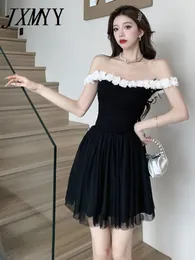 Casual Dresses Black Suspender Dress Mesh Gauze Pommel Skirt Female Summer Elegant Temperament Tucked Waist Backless Princess Short