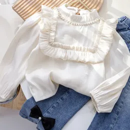 Kids Shirts Spring 100 Cotton Solid Lace White Blouse Summer Striped Shirt Korean Baby Long Sleeve Tops Cute School Girls Blouses 230711