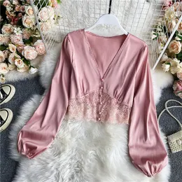 Women's Blouses Chic Blouse For Women Lace Patchwork Blusas Femininas Elegantes V-neck Long Sleeve Woman Korean Fashion Drop