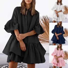 Vestidos casuais femininos com amarração frontal elástico na cintura com camada de babados floral balão manga longa vestido com decote em V