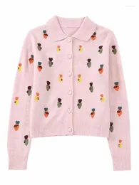 Suéteres de punto de mujer 2023 niñas primavera otoño zanahoria bordado rosa suéteres Chic señora de un solo pecho de punto cárdigans mujer lindo suéter