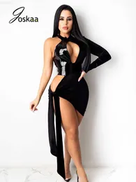 Miejskie seksowne sukienki Joskaa Patchwork bandaż seksowna odzież klubowa kobiety jeden narzutnik drążą obcisła Mini sukienka Backless Out szaty Faux Leather Vestidos L230711