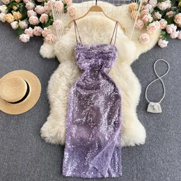 Sukienki swobodne krocza seksowna elegancka fioletowa cekinowa sukienka midi damska ubrania mody 2023 Strapy spaghetti siatkowe długi wieczór