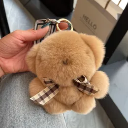 Keychains Lanyards Luxury Real Rex Rabbit Fur Little Cute Bear Keychain Fluffy Originality Cartoons Toys Key Ring Women Bag Ornament Trinket Gifts 230710