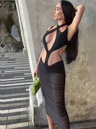 Sukienki na co dzień kolor czarny Sexy Halter Bodycon sukienka do kolan 2023 kobiety bez rękawów moda bandaż impreza w klubie nocnym wysokiej jakości