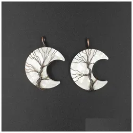 Pendentif Colliers Coquille D'ormeau Blanc Enveloppé De Fil De Cuivre Comme Un Arbre De Vie Sur Le Croissant De Lune 5 Pièces Drop Delivery Bijoux Pend Dhr1R