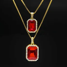 Pendanthalsband 2st Ruby Necklace Set Silver Gold Plated Iced Out Square Red Ruby Bling Rhinestone Pendant Necklace Hip Hop smycken Box Chain X0711 X0711