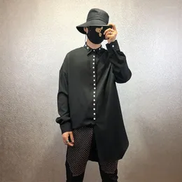 Camicie casual da uomo Camicia a maniche lunghe allentata decorativa a più bottoni Nero scuro Moda a spacchi sottili Non ferro