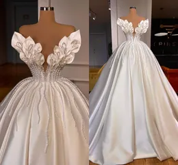 Designer Pearls Ivory Satin Ball Gown Wedding Dresses For Women Dubai Arabic Turkish Princess Bridal Gowns Vintage Plus Size Women Ceremony Dress Vestidos CL2605