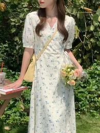 Kleid Haruku Süßes Mädchen Kurzarm V-Ausschnitt A-Linie Vintage Korea Japanischer Stil Floral Langes Maxikleid für Frauen Sommer 2022