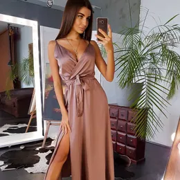 Abiti sexy urbani Moarcho Abito da festa sexy Sling Bandage Vintage High Split Mid-Length senza maniche Abito lungo in raso 2021 Fashion Elegant Vestidos L230711