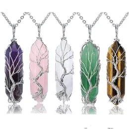 Hänge Halsband Andmade Koppartråd Inslagna Tree Of Life Halsband Natursten Rosa Kristall Ametist Pillar Gem Smycken Drop Deli Dhnjd