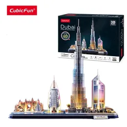 Intelligensleksaker CubicFun 3D-pussel LED Dubai Cityline Lighting Building Burj Al Arab Jumeirah el Khalifa Emirates Towers för vuxna barn 230710