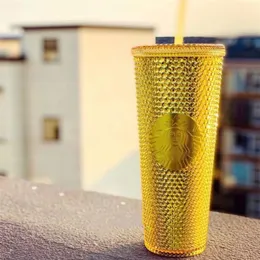 Newest Starbucks Christmas Golden dazzle goddess laser straw coffee cup 710ML Durian Plastic cold water cup out door Accompanying 247s