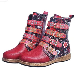 부츠 새로운 Socofy Women Boots 레트로 프린트 금속 버클 소프트 가죽 우기 부츠 여성 신발 여성 보틴 Mujer L230711