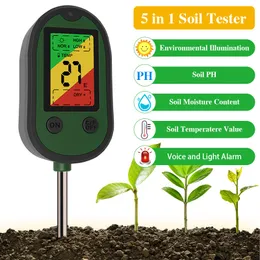 PH Meters Soil Tester 5 in 1 PH Meter Plant Moisture Meter TEMP Sunlight Intensity measurement Analysis Alarm Soil Acidity Test Monitor 230710