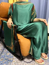 Odzież etniczna Abayas dla kobiet 2023 muzułmańskie lato jedwab zielony Jalabiyat Ramadan luźna szata Femme sukienki afrykańskie z paskiem Turban